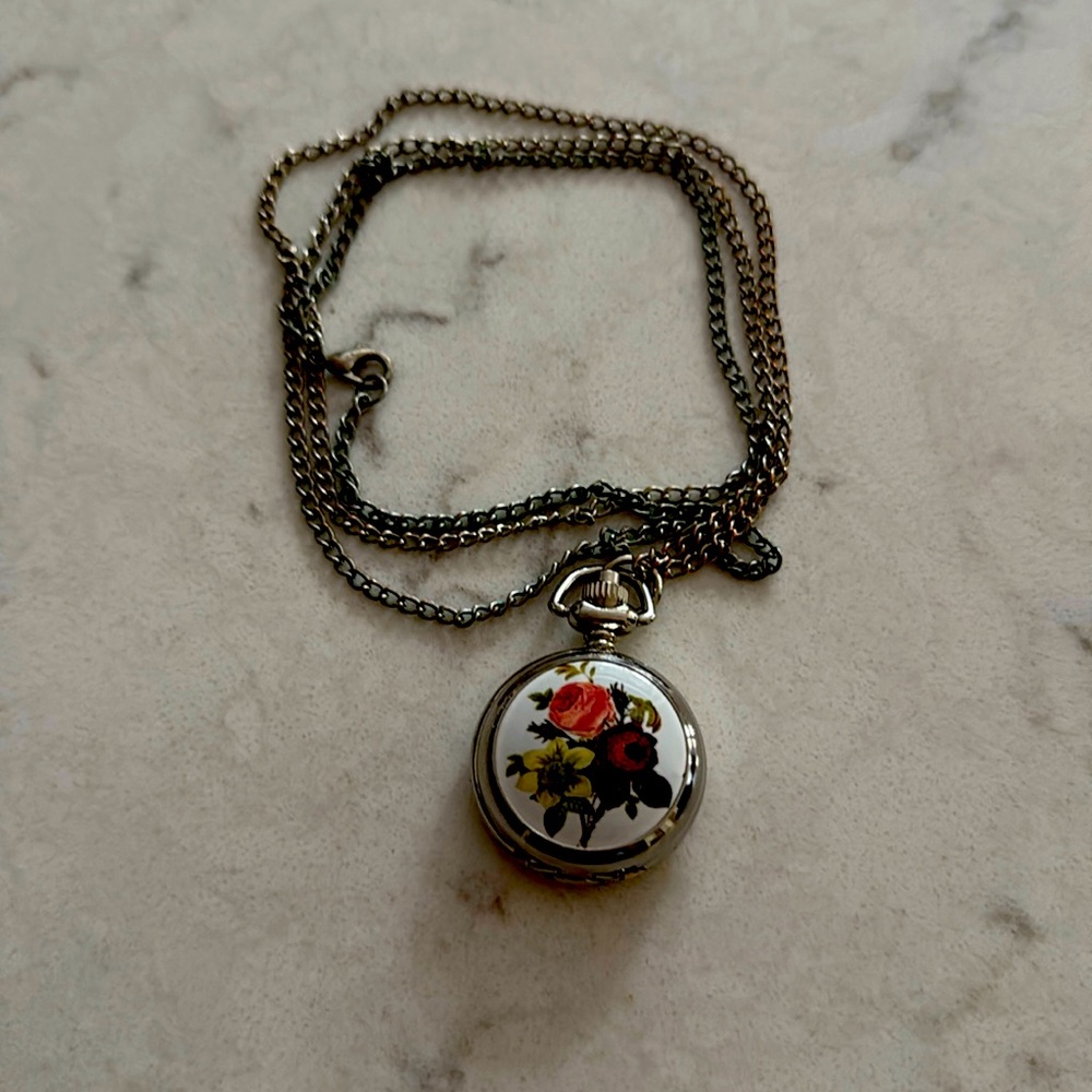 Vintage Style Locket Clock Necklace Floral
